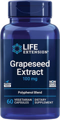 Life Extension Grapeseed Extract Vitamin C Calcium resveratrol polyphenols Cardiovascular Health antioxidant Protection Gluten-Free Non-GMO Vegetarian 60 Capsules