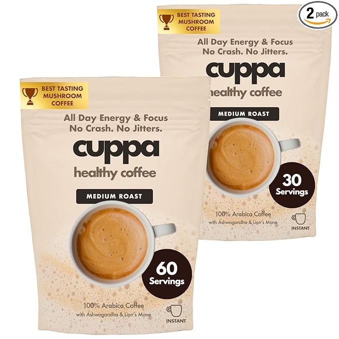 Cuppa Coffee - Great tasting medium roast with mushrooms adaptogens &amp superfoods - Lion's Mane Ashwagandha Cordyceps MCT Prebiotic Fiber &amp L-Theanine. Supports natural energy &amp better