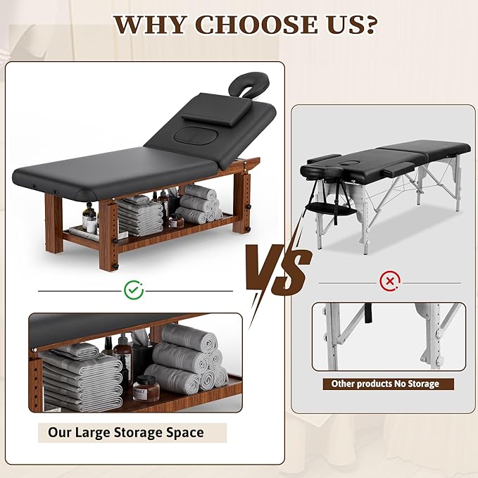 Adjustable Professional Massage Table Wood Stationary Massage Table with Adjustable Height &amp Backrest Eyelash Bed with Large Storage Space C Shape Pillow for Spa Treatment Beauty