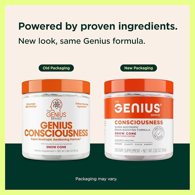 The Genius Brand Genius Consciousness - All-in-One Brain Health Supplement for Clarity - Supports Concentration Creative Thinking Energy &amp Memory - Powered by Nootropics - 15 Servings - Snow Con
