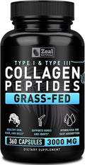 Zeal Naturals Collagen Peptides Collagen Pills (360 Capsules) Grass Fed Collagen Pepetide Powder - Hydrolyzed Collagen Powder for JointTendon SupplementHair Skin and Nails -