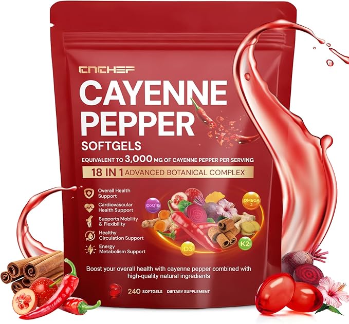 Cayenne Pepper Softgels Supplement Cayenne Pepper Capsules with VitaminD3+K2Berberine Q10 Omega-3 Turmeric Hawthorn Beetroot Supports Leg Vein Digestive &amp Heart Vessel Health 240 Softgel