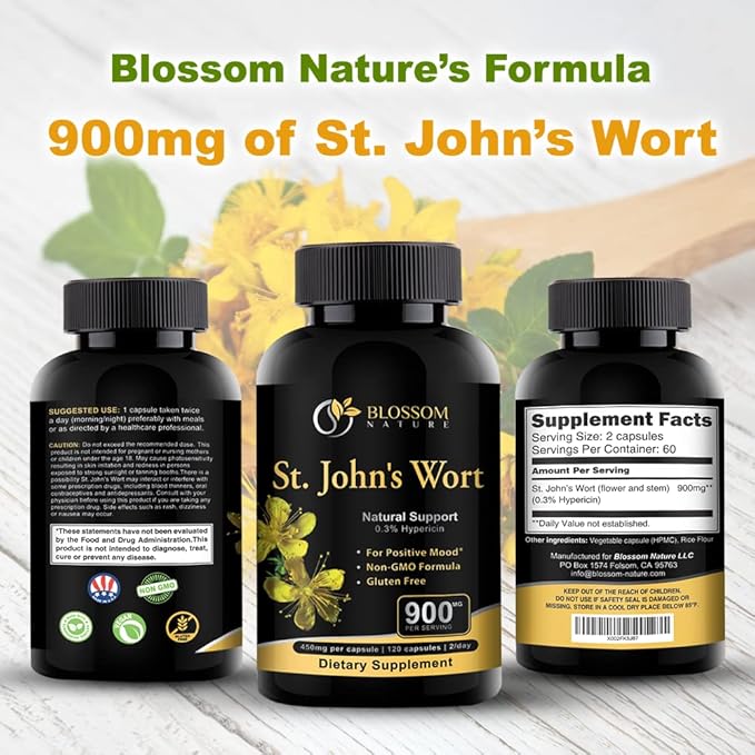 St Johns Wort 900mg-Mood Support Supplement*-Calm Supplements*-120 Vegetable St Johns Wort Capsules(2 Month Supply)450mg of Vegan Non-GMO St. John's Wort (Hypericum Perforatum)0.3%Hypericin per Cap
