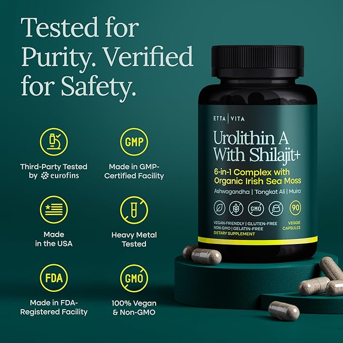 Urolithin-A Complex w Shilajit Organic Sea Moss Ashwagandha &amp Tongkat Ali Natural Energy Libido Hormone Balance and Focus for Men &amp Women (Made in USA - 3rd Party Tested)