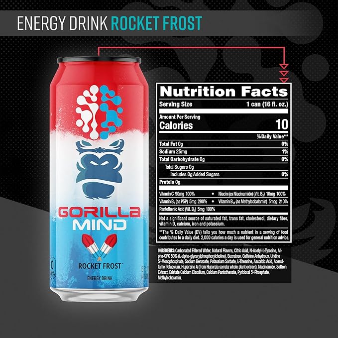 Gorilla Mind Energy Drink | Unmatched Energy · Amplified Focus | N-Acetyl-L-Tyrosine Alpha-GPC 200mg Caffeine Uridine Saffron | 0 Sugar Or Artificial Colors | 16oz 12-Pack (Rocket Frost)