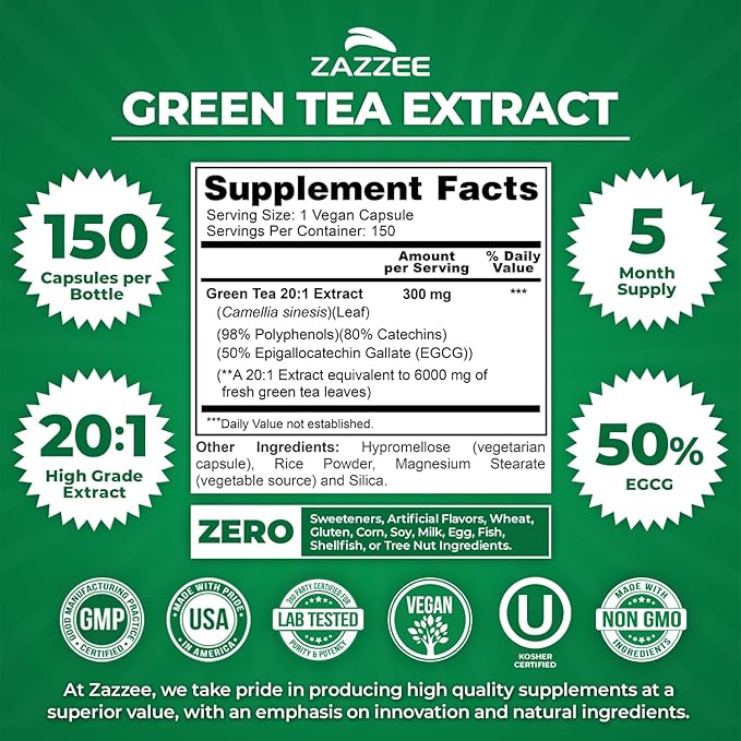Zazzee Extra Strength Green Tea 20:1 Extract 50% EGCG 98% Polyphenols 80% Catechins 150 Vegan Capsules 5 Month Supply Certified Kosher Antioxidant &amp Metabolism Support Non-GMO Made in the