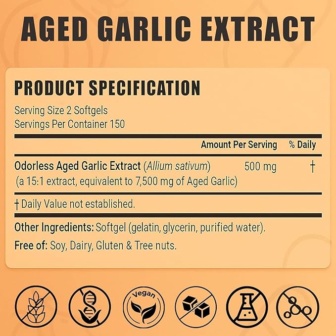 Elare Aged Garlic Extract 7500mg Organic Garlic Capsules Supplement Potent Heart &amp Immune Support Supplement Non-GMO Odorless Formula 300 Softgels (1)