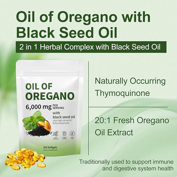 Oil of Oregano with Black Seed Oil - Oil of Oregano Capsules Aceite de Orégano Capsulas Immune Support Non-GMO Gluten Free 6000MG 300 Softgels