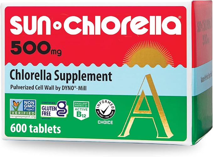 Sun Chlorella 500mg Whole Body Wellness Green Algae Superfood Supplement - Immune Defense Gut Health Natural Purification Energy Boost - Chlorophyll B12 Iron Protein - Non-GMO - 600 Tablets