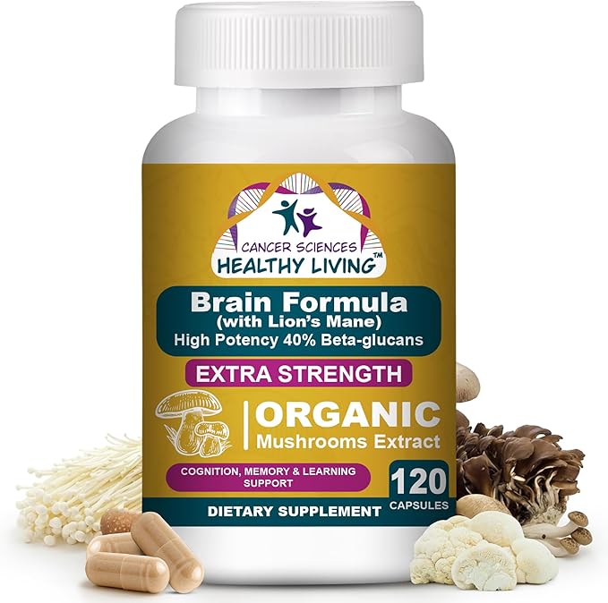 Cancer Sciences Brain Supplements for Memory and Focus - 1500mg Brain Health Mushroom Supplement for Adults &amp Seniors - High Potency 40% Beta-Glucans for Immune Support &amp Vitamins 120 Capsul