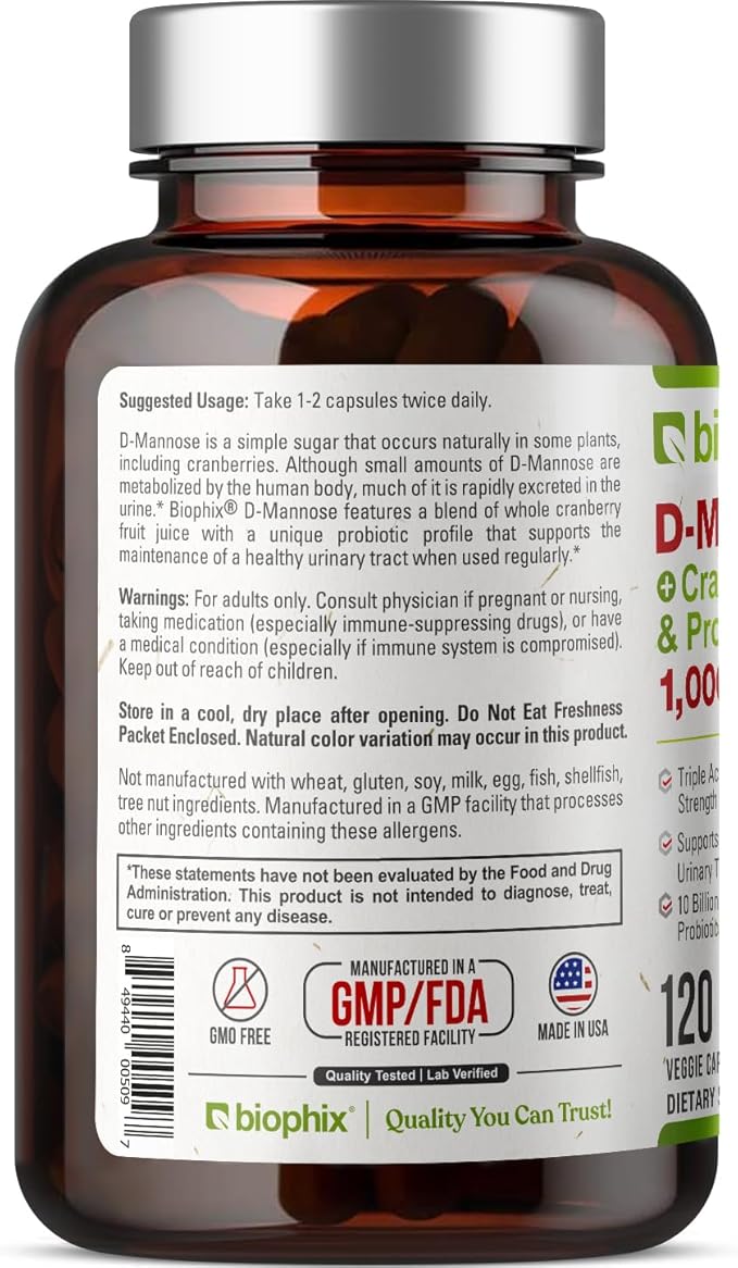 biophix D-Mannose 1000mg Capsules with Cranberry &amp Probiotics - D Mannose Supplements for Women - D-Mannose Pills for Urinary Tract &amp Bladder Health Support - Digestive Well-Being - 120 Vcaps