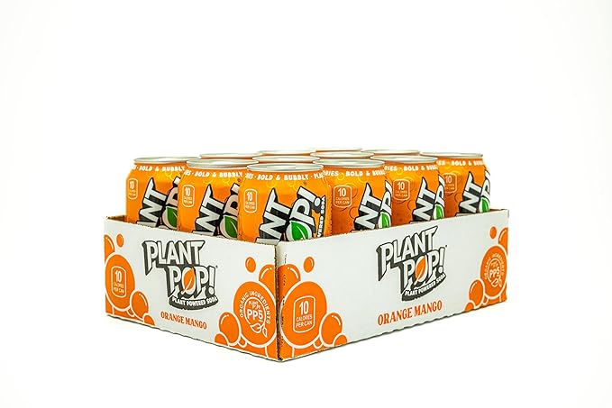 Plant Pop | Multifunctional Prebiotic Soda | Orange Mango | 10 Calories | Natural flavors | Made with Organic Plant-Based Ingredients | Caffeine Free | 12oz (12 pk) cans