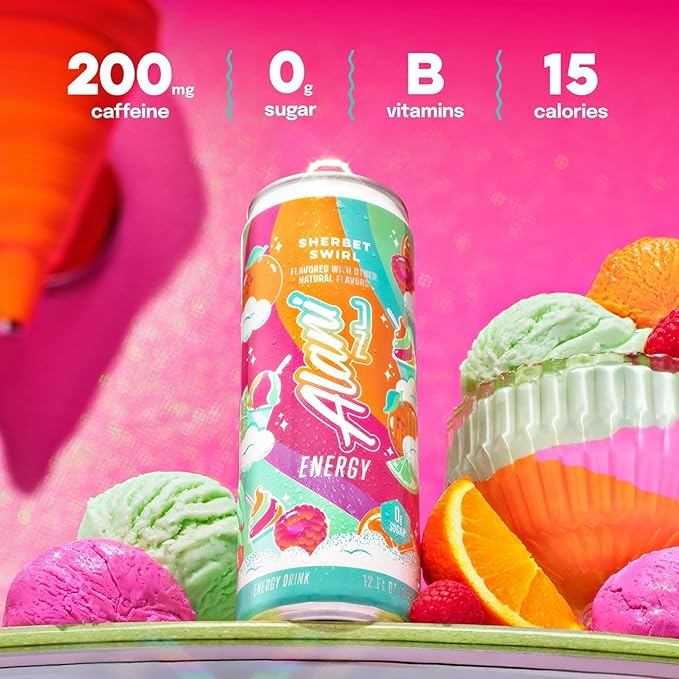 New Alani Energy Drinks Sherbet Swirl Flavor Sugar-Free Low-Calorie Energy Boost Drink 12 fl oz (Pack of 6) Repackaged By * Shadow Hunter*