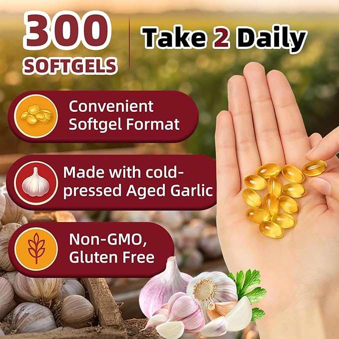 Aged Garlic Extract Capsules – 9000mg High Potency 2 Years Matured Odorless Garlic Supplements with Elderberry Vitamin E &amp Zinc for Heart &amp Immune Support Antioxidant Supplements 300 Softge