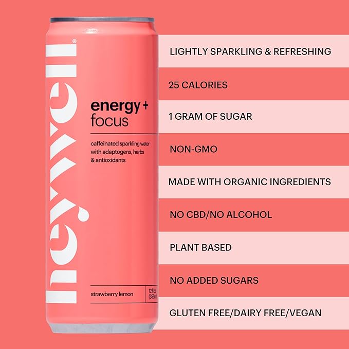 Heywell Sparkling Adaptogenic Water Energy and Focus Strawberry Lemon Flavor 12 Fluid Ounce (Pack of 12) - Caffeinated Organic Non GMO Vegan Gluten Free Dairy Free