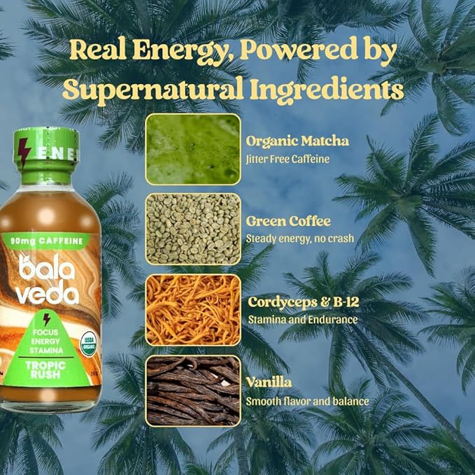 balaveda Tropic Rush Energy Shot with Organic Matcha L-Theanine Cordyceps Eleuthero and Vitamin B12 – Mint Pineapple Flavor – Clean and Sustained Energy Support – 2 Fl Oz Bottles (Pack of 12)