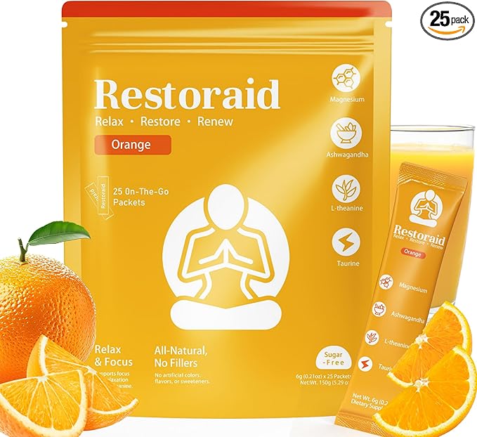 Restoraid Relaxation Drink Mix – 25 Packets | Magnesium L-Theanine Ashwagandha Taurine Glycine | Calming &amp Relaxing Supplement (Orange)