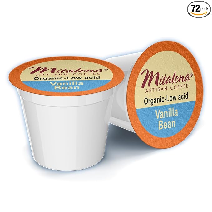 Mitalena Artisan Vanilla Bean Low Acid Coffee Pods for Keurig - Medium Roast K Cups for Acid Reflux Prevention - 72 Count Organic Coffee with Vanilla Flavor