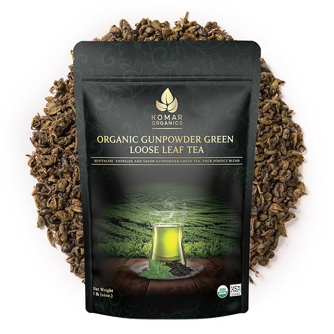 Komar Organics Gunpowder Green USDA Organic Green Tea 16Oz Loose Leaf Deep Smokey Flavor 1 LB Ideal for Energy Boost Antioxidants