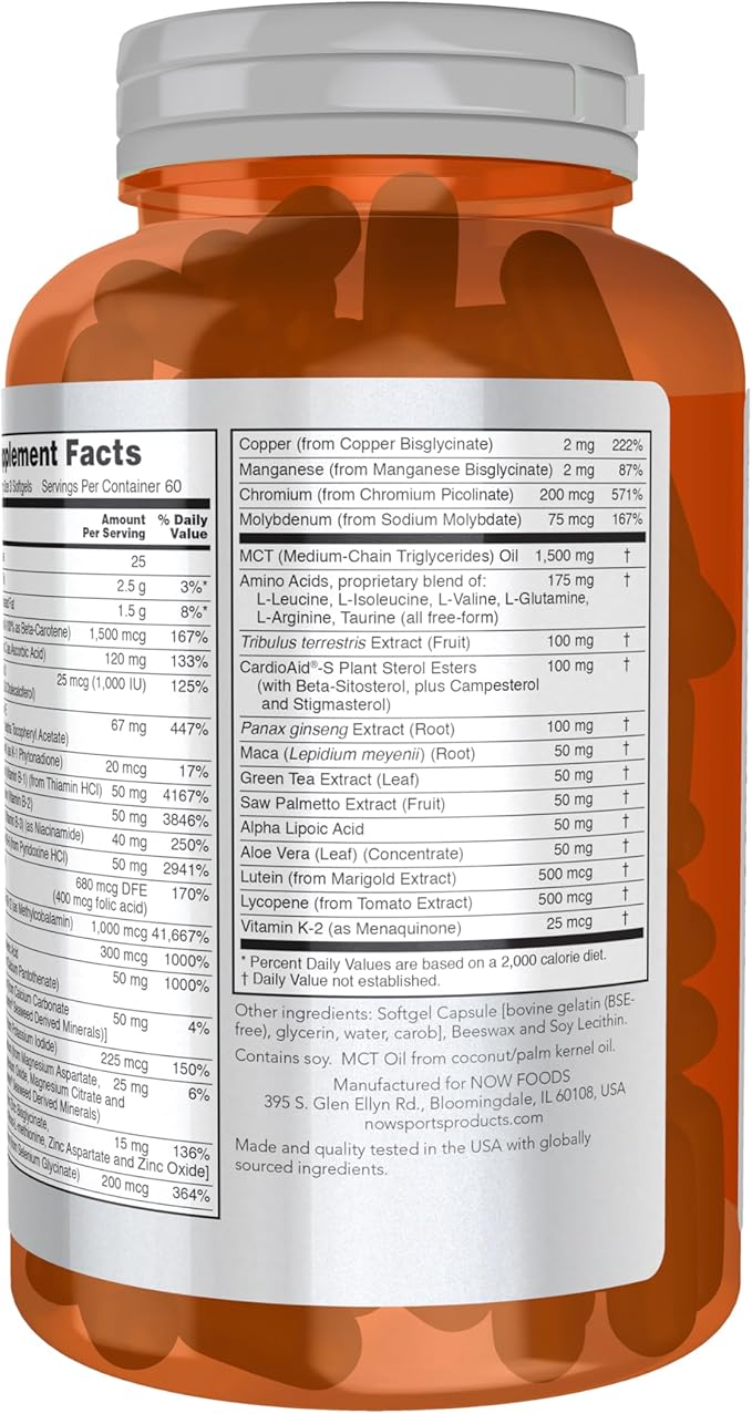 NOW Foods Sports Nutrition Men's Extreme Sports Multi with Free-Form Amino Acids ZMA® Tribulus MCT Oil and Herbal Extracts 180 Softgels