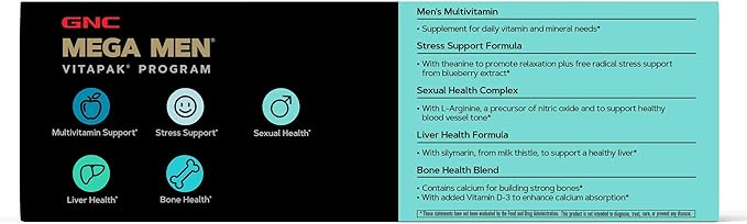 GNC Men's 30+ Vitapak Program | 5-in-1 Daily Multivitamins and Minerals | Supports Healthy Bones and Stress Relief | 30 Servings