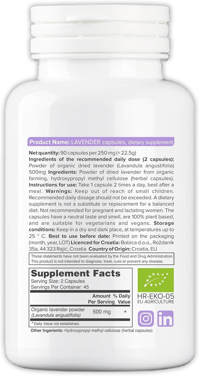 Organic Lavender Capsules - Lavender Pills for Relaxation and Balance - Supports Calm Mind and Body - Natural Supplement - Non-GMO Gluten-Free – 90 Vegan Capsules