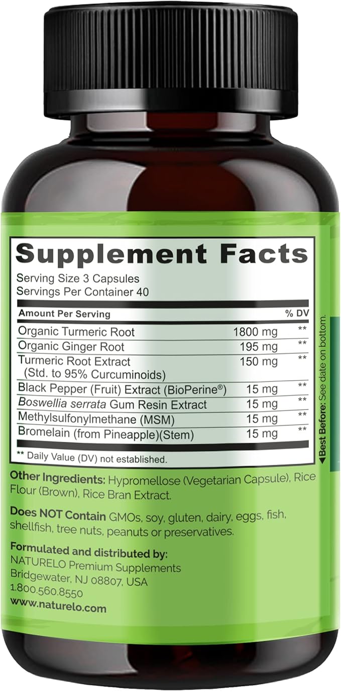 NATURELO Turmeric Curcumin - BioPerine for Better Absorption - Black Pepper Ginger Root Curcuminoids - Plant-Based Joint Discomfort Support - 120 Vegan Capsules
