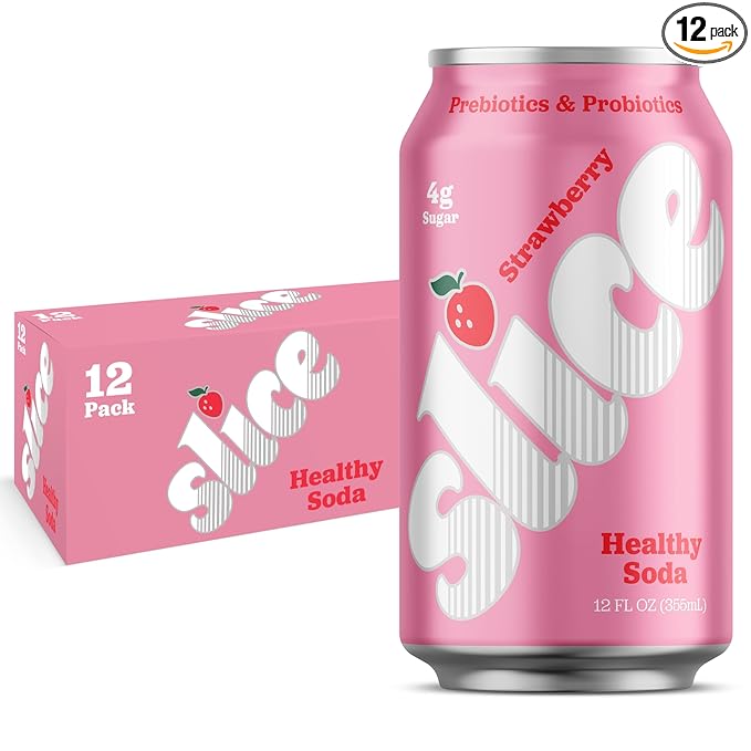 Slice Healthy Soda Strawberry Prebiotic &amp Probiotic Soda Pop 5g Fiber 35 calories 12 fl oz 12 Pack