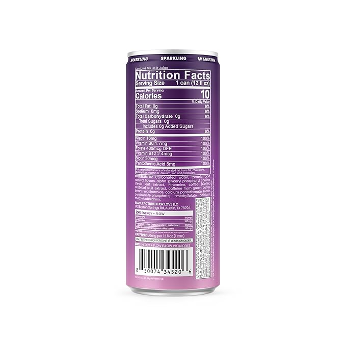 Be LOVE Energy + Flow – 80mg Natural Caffeine L-Theanine &amp Alpha-GPC for Clean Calm Focus – Zero Sugar Low Calorie 100% DV B-Vitamins – Non-GMO Vegan – 12 fl oz (Pack of 12) (Grape Awakening)