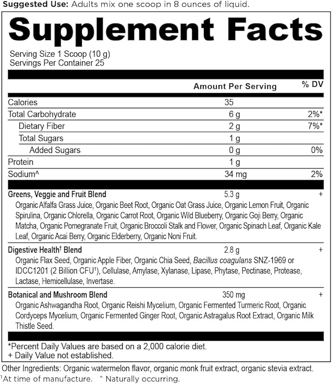 Ancient Nutrition SuperGreens Powder with Probiotics Organic Watermelon Flavor Greens Made from Real Fruits Vegetables and Herbs for Digestive and Energy Support 25 Servings 8.82oz