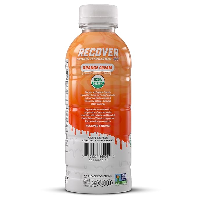 RECOVER 180 Organic Sports Hydration Drink No Sugar Added 20 Calorie Sports Beverage Organic Flavors With Vitamins Potassium-Packed Electrolytes (16.9 Fl Oz (Pack of 12) Orange Cream)