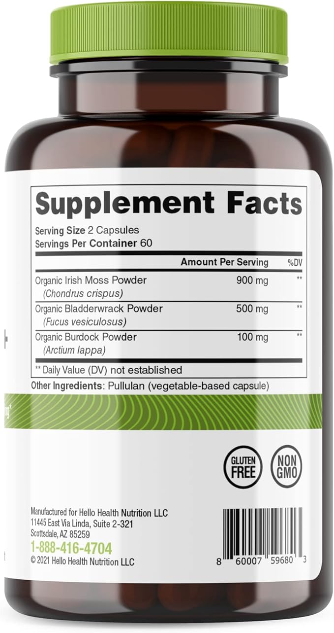 Organic Irish Sea Moss Capsules: Wildcrafted Sea Moss Burdock Root &amp Bladderwrack Prebiotic Super Food for Immune Support Thyroid Support Natural Energy -120 Caps