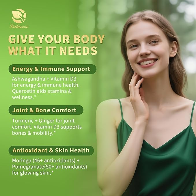 Lukaree 12-in-1 Lipsomal Moringa Leaf Drops with Ashwagandha Turmeric Quercetin 98% Absorption &amp 30:1 Pure Moringa Extract for Energy Immune Joint Digestive Support Vegan Non-GMO Gluten-Free
