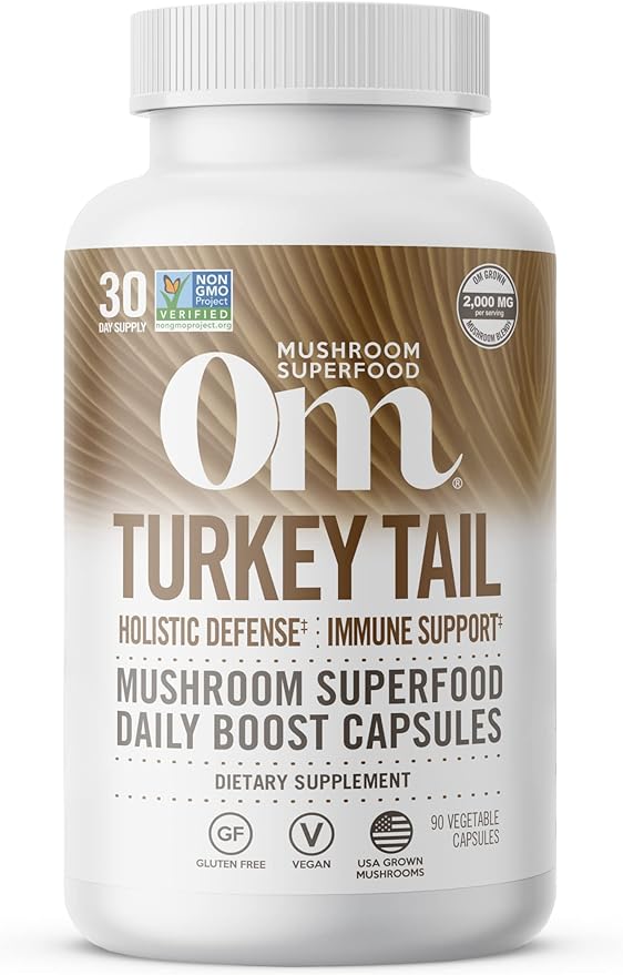 Om Mushroom Superfood Turkey Tail Mushroom Capsules Superfood Supplement 90 Count 30 Days Immune Support Polysacchrides Beta-Glucans Gut Health &amp Holistic Defense Mushroom Supplement