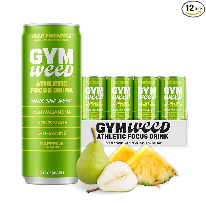 GYM WEED Athletic Focus Drink with KSM-66 Ashwagandha Lion's Mane Mushroom L-Theanine 200mg Green Tea Caffeine with Natural Sweeteners Pear Pineapple Flavor 12 Pack