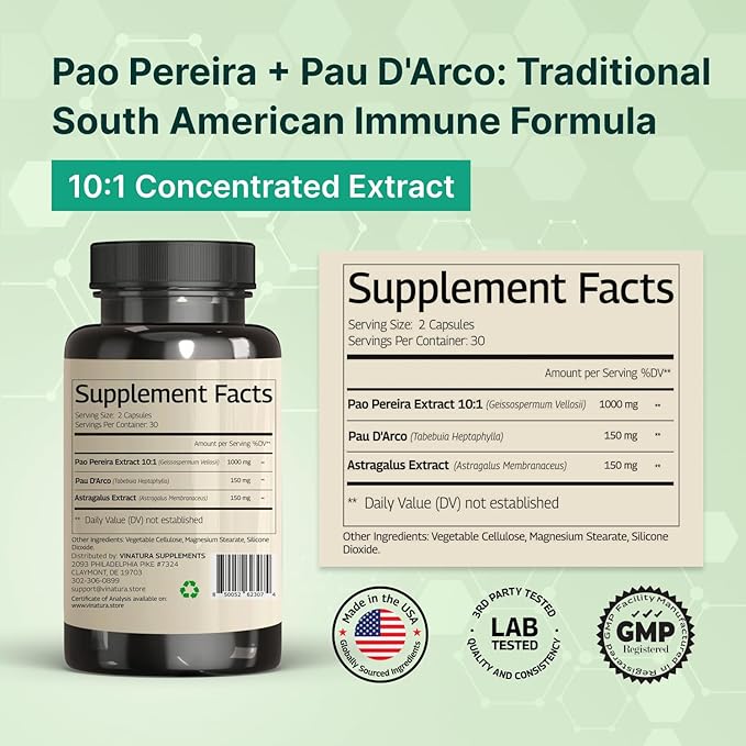 VINATURA Pao Pereira + PAU D'Arco Astragalus - 1300MG Serving USA Made &amp Tested Stem Cells and Immune Support 60 Capsules