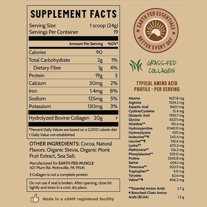 Earth Fed Muscle Chocolate Collagen Peptides Powder – Grass Fed Hydrolyzed Collagen for Women &amp Men - Healthy Bones Skin &amp Hair - Types 1 &amp 3 Collagen Powder 20g Per Serving 19 Servings