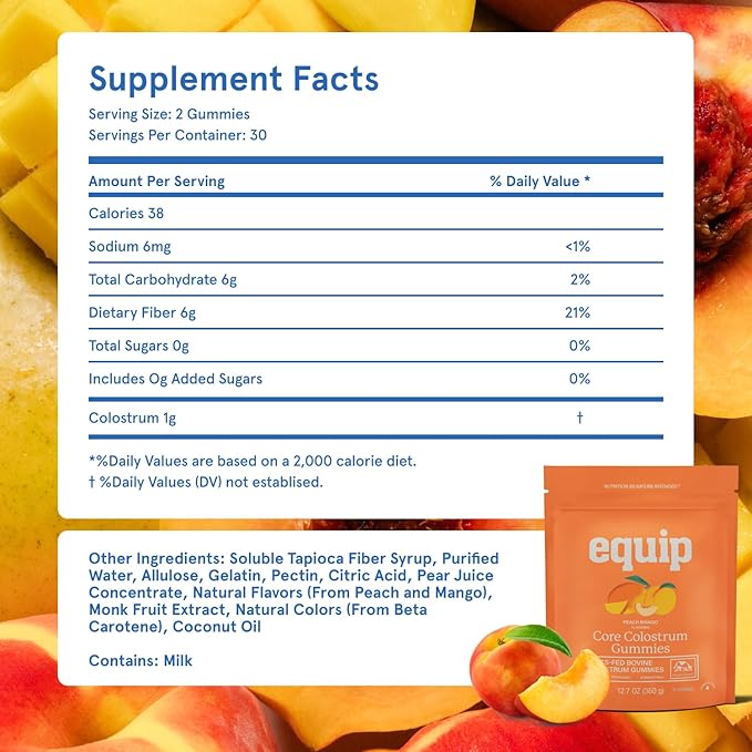 Equip Foods Core Bovine Colostrum Gummies Delicious 1g Per Seving Grass Fed Colostrum Supplement - Gut Health Immunity Recovery Hair &amp Skin - 60 Bovine Colostrum Gummies 30 Servings Peach Ma
