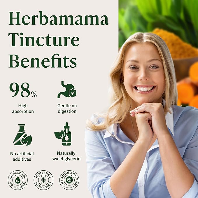 HERBAMAMA Liquid Turmeric Drops - Vegan Uric Acid &amp Digestive Support with Pure Turmeric Curcumin with Black Peppe Extract - Non-GMO Alcohol &amp Sugar-Free Antioxidant Supplement - 28-Day Suppl