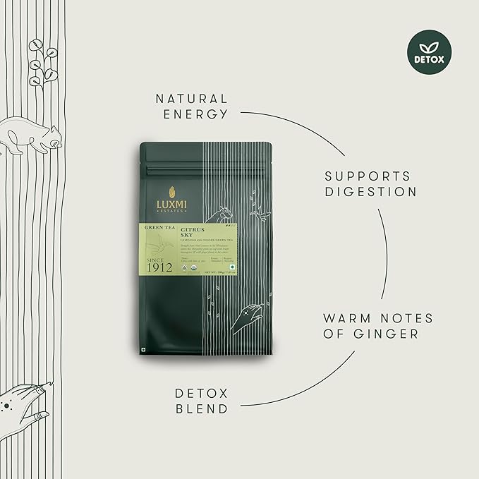 Luxmi Estates Citrus Sky Lemongrass Ginger Green Tea 200g Loose Leaf Pack | Certified Organic Darjeeling Green Tea | Citrus Flavor &amp Aroma | Natural Lemon Balm Tea - Calming Supports Digestion |