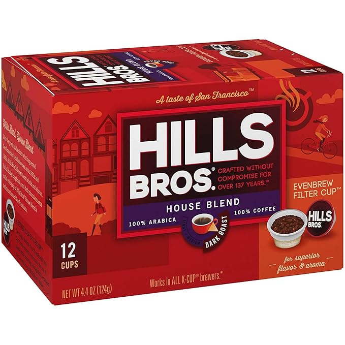 Hills Bros Single Serve Coffee Pods House Blend Dark Roast 12 Count-Keurig Compatible Roasted Arabica Coffee Bold Smooth Flavor