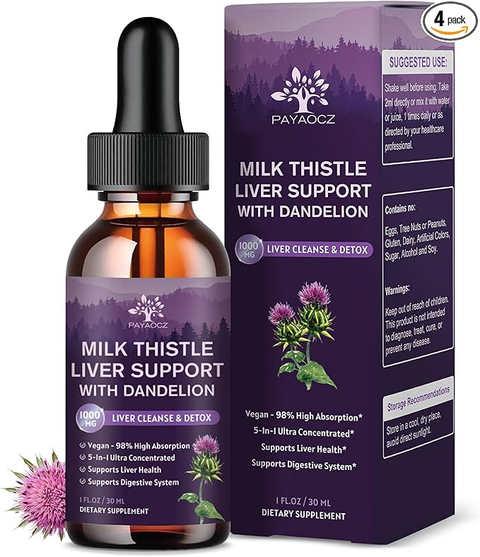 (4 Pack) Milk Thistle Liquid Drops Silymarin 1000mg Liver Supplement Detox &amp Cleanse with Dandelion &amp Artichoke Milk Thistle Organic Extract for Support Repair Liver Health Vegan Non-GMO