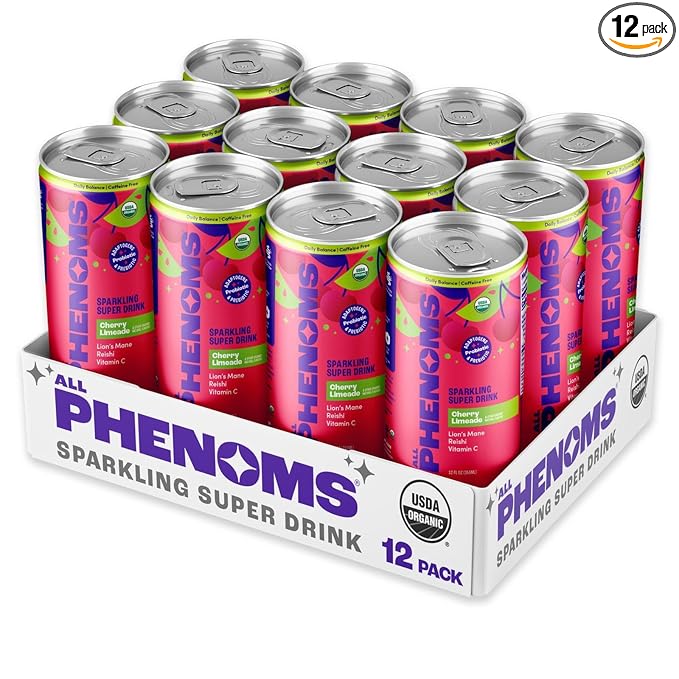 All Phenoms Daily Balance Sparkling Organic Prebiotic &amp Probiotic Drink - Adaptogen Mushroom Blend (500mg of Lions Mane &amp Reishi) Vit C Zinc (Non-Caffeinated No Stevia) - Cherry Limeade 12
