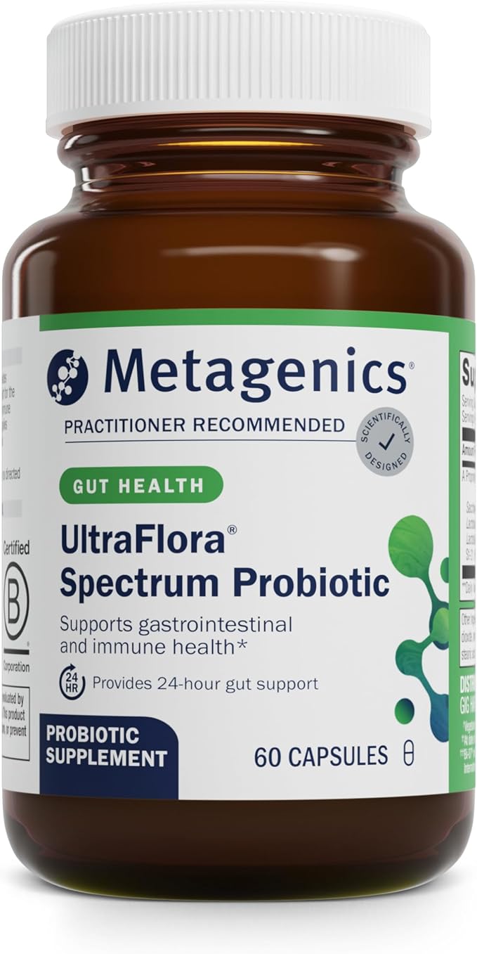 Metagenics UltraFlora Spectrum - Shelf-Stable Probiotic for Gut &amp Digestive Wellness Healthy Microbiome &amp Flora Support* - Non-GMO &amp Gluten-Free - 2-Month Supply - 60 Capsules