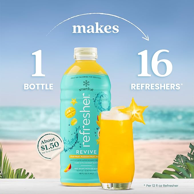 Smartfruit Revive Refresher – Star Fruit Passion Fruit Mango – Made with Real Fruit Juice No Added Sugar Coconut Water for Hydration Green Coffee Bean Extract for Natural Energy – 48oz Drink Mix