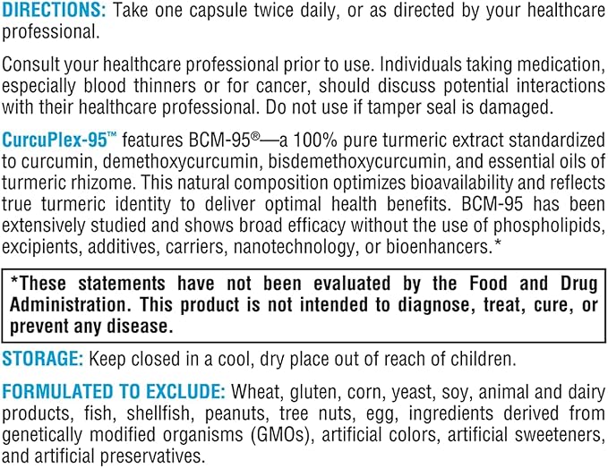 XYMOGEN CurcuPlex-95 - Turmeric Curcumin Supplement for Daily Brain Support* - Enhanced Bioavailability - Non-GMO Gluten-Free Vegan - 120 Capsules