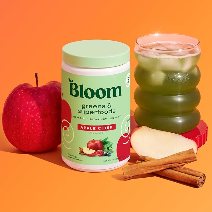Bloom Nutrition Superfood Greens Powder Digestive Enzymes with Probiotics and Prebiotics Gut Health Bloating Relief for Women Chlorella Green Juice Mix with Beet Root Powder 25 SVG Apple Cider