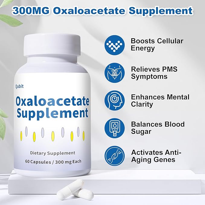 QUBIT Oxaloacetate Supplement (60 Capsules) – Cellular Energy &amp Focus PMS &amp Mood Support – with Vitamin C – Helps Healthy Glutamate Levels Reduces Fatigue &amp Brain Fog