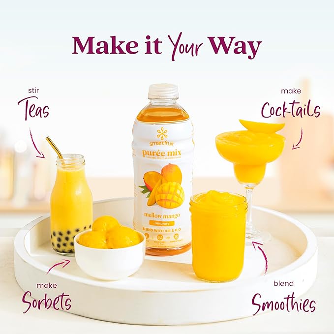 Smartfruit Mellow Mango + Immunity – 100% Real Fruit Purée w/Mango Banana Apple Pineapple – Great for Smoothies Juice Yogurt Cocktails Tea – High in Vitamin C Selenium Zinc – 2-Pk 48oz Each