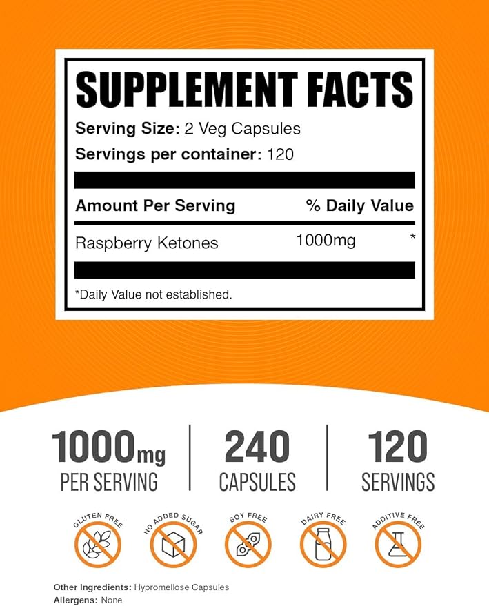 BulkSupplements.com Raspberry Ketones Capsules - Raspberry Ketones Supplement Antioxidant Source for Energy Support - Gluten Free 2 Capsules per Serving 240 Count (Pack of 1)